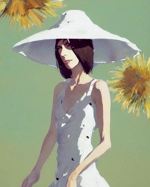 Prompt: a ultradetailed beautiful painting of a stylish woman wearing a white dress with a sun hat, by conrad roset, greg rutkowski and makoto shinkai trending on artstation