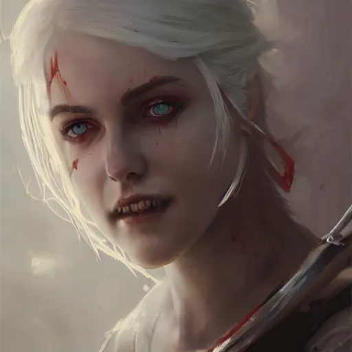 Image similar to ciri from witcher, blood, paint by greg rutkowski