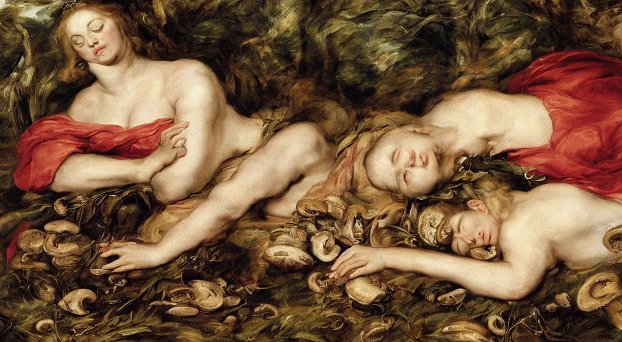 Image similar to pretty sleeping woman with mushrooms as camouflage, by rubens