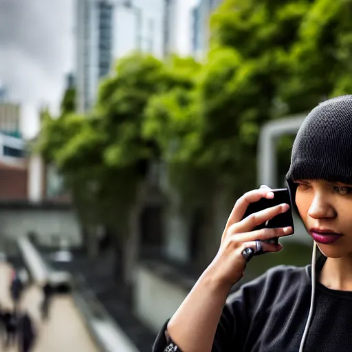 Image similar to candid photographic portrait of a poor techwear mixed young woman using a phone inside a dystopian city, closeup, beautiful garden terraces in the background, sigma 85mm f/1.4, 4k, depth of field, high resolution, 4k, 8k, hd, full color