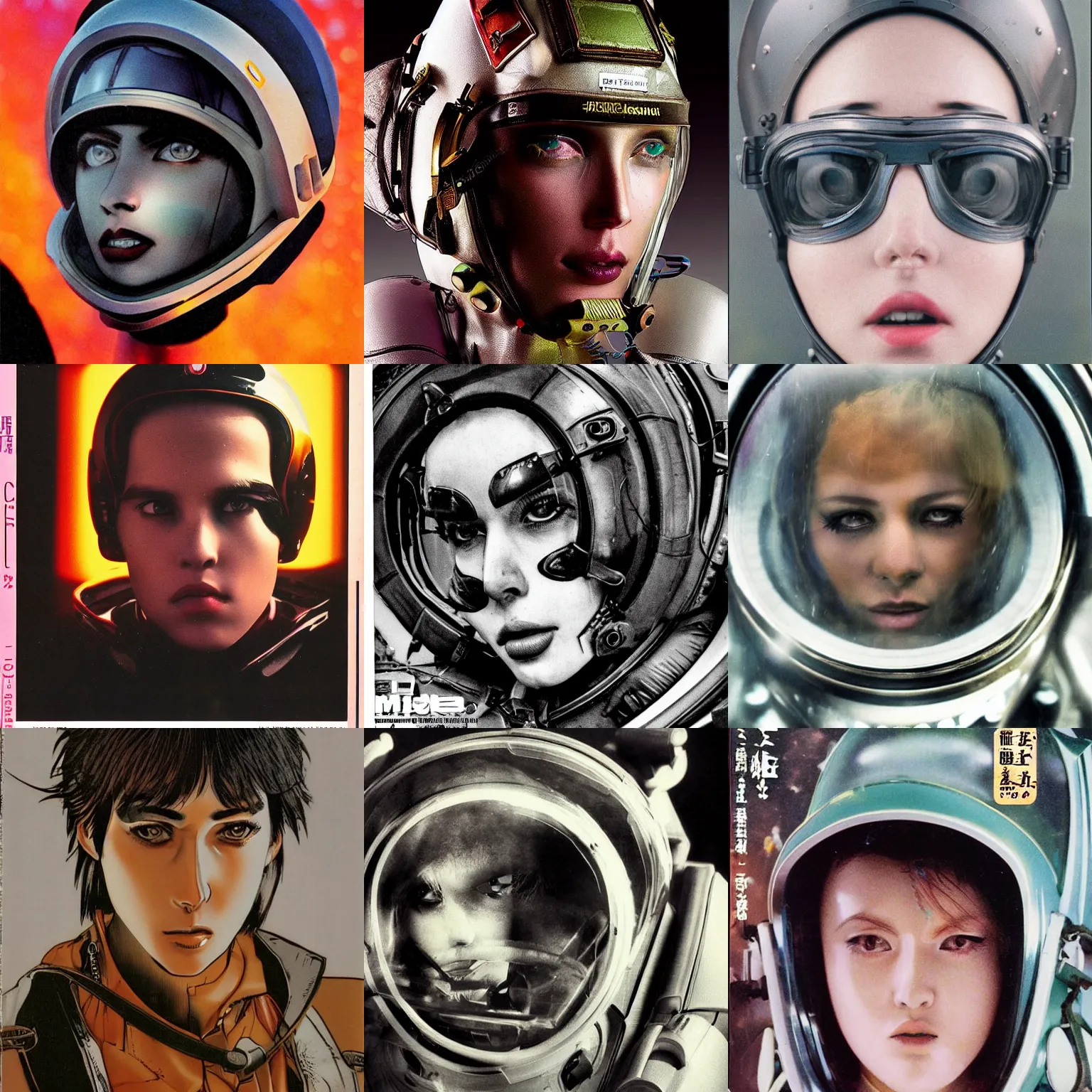 Prompt: beautiful extreme closeup portrait photo in style of 1990s frontiers in retrofuturism deep diving helmet seinen manga magazine sid mead edition, highly detailed, focus on pursed lips, soft lighting