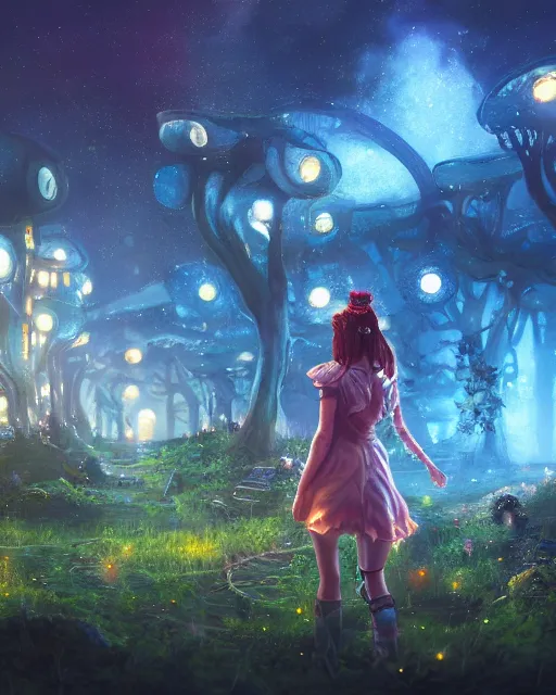 Image similar to girl in solarpunk fantasy village, evening, 4 k, ultra realistic, detailed, epic lighting, starry sky, magical, glowing forest, mushrooms, machines, futuristic building, high detail, masterpiece, trending on artstation by frederic daoust and akihito tsukushi and takeshi nogami