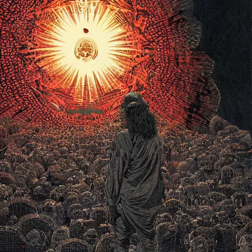 Image similar to apocalypse apocalyptic nuclear explosions god deity judgement day the end revelation of death angels horror art godmachine victo ngai hyperrealism photo - realistic gustave dore and dzo godmachine victo ngai yoji shinkawa apophasis shintaro kago apophasis hyperrealism