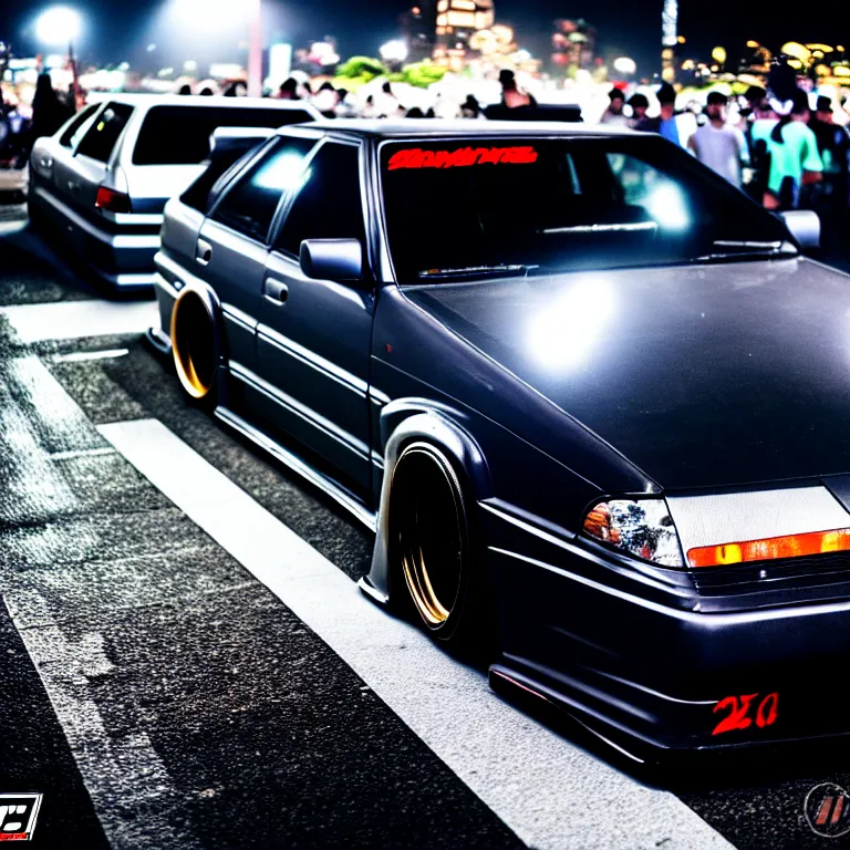 Image similar to a car JZX90 twin turbo drift at illegal car meet, Shibuya prefecture, city midnight mist lights, cinematic lighting, photorealistic, highly detailed wheels, high detail