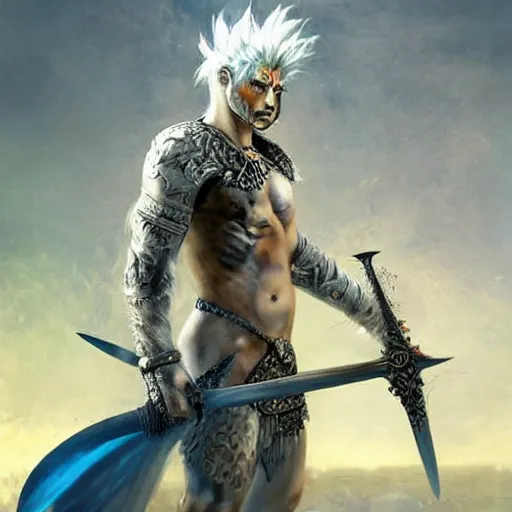 Image similar to Lionman with white hair walking away from a burning city, full body art, wielding a longsword with blue gemstones lining the blade, Painted By Aleksi Briclot, Dim Lighting