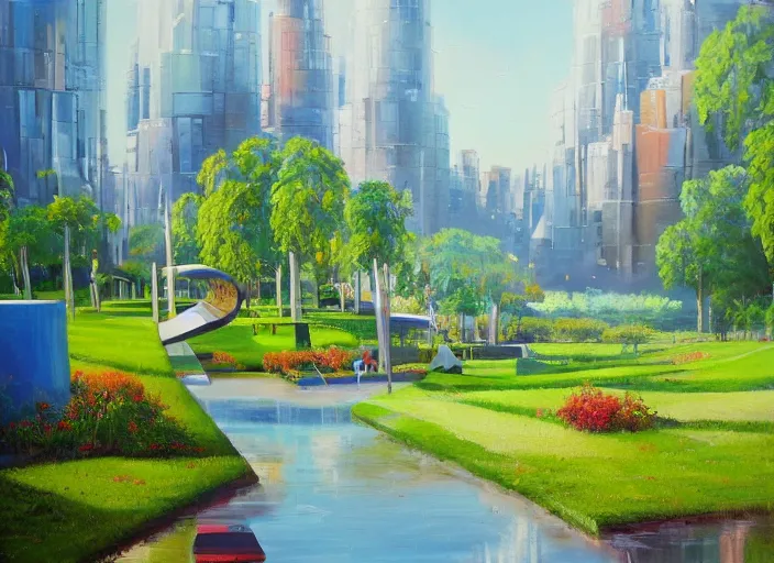 Image similar to bright beautiful oil painting of a futuristic city park by Viktor Tsvetkov