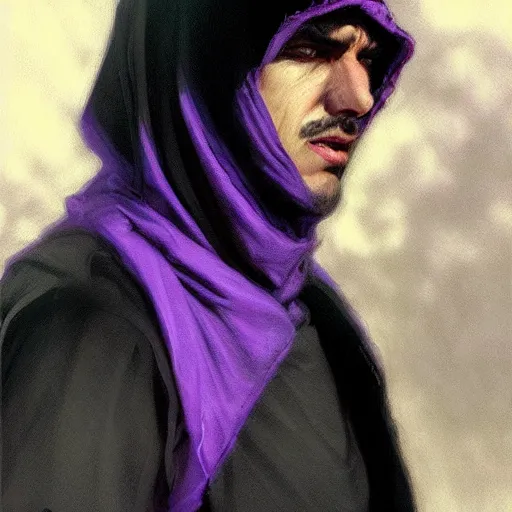 Image similar to ultra realistic illustration, man in a black hood, in a striped purple balaclava, mysterious, highly detailed, digital painting, artstation, concept art, smooth, sharp focus, illustration, art by artgerm and greg rutkowski and alphonse mucha