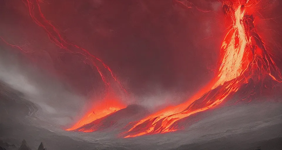 Prompt: a volcano made of ivory vines and crimson rocks enters in eruption, it spits a smoke in the shape of demonic eye, by Greg Rutkowski