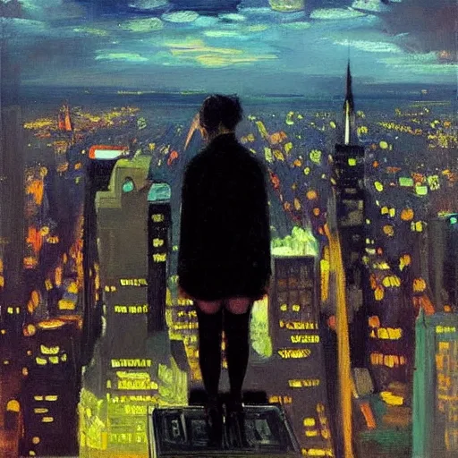 Image similar to “ a girl looking down at a futuristic new york city below, punk, detailed face, oil painting, by george bellows ”