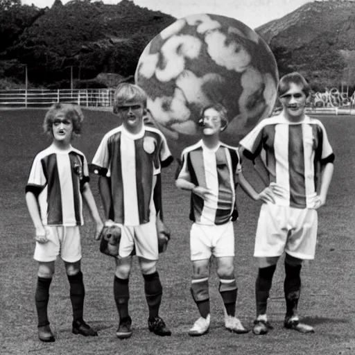 Image similar to vintage photo of a family of anthropomorphized lizards, dressed as Argentinian soccer players, with an exploding planet in the background