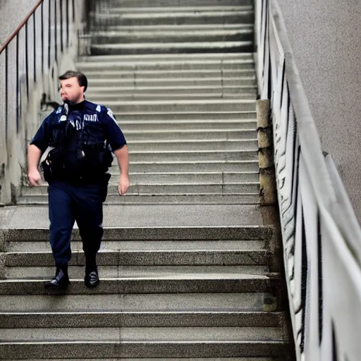 Image similar to clean - shaven chubby chubby chubby 3 2 year old caucasian man from uk. he is wearing navy police sweater and necktie and black boots and police helmet. he is walking up a flight of stairs.