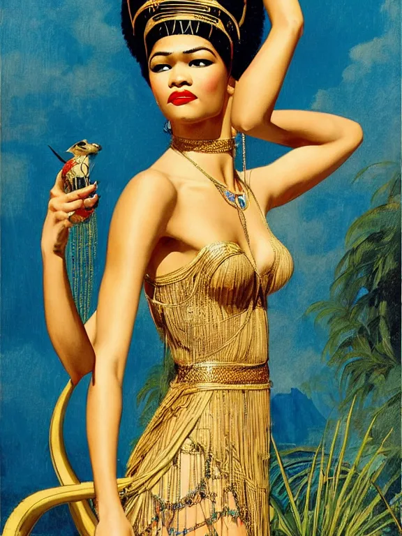 Image similar to zendaya as the great beauty cleopatra, a beautiful art nouveau portrait by Gil elvgren, Nile river water garden , centered composition, defined features, golden ratio, gold jewelry