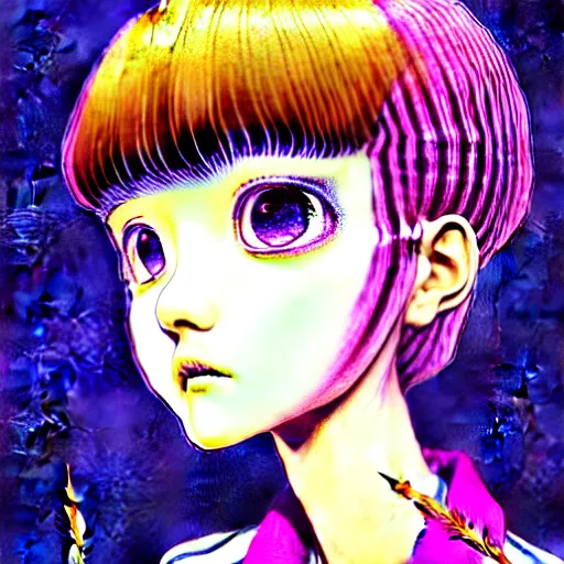 Image similar to amazingly detailed art illustration of a beautiful young woman, with morbid thoughts, wearing a tie-dye shirt, short shorts, with short hair with bangs, she is the queen of sharp needles, under the effect of psychosis and euphoria, by Range Murata, Katsuhiro Otomo, Yoshitaka Amano, and Artgerm. 3D shadowing effect, 8K resolution.