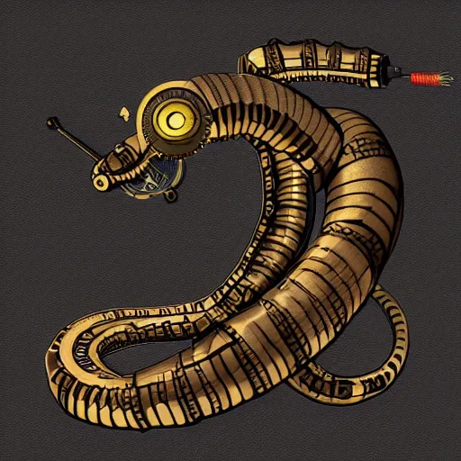 Prompt: a steampunk robotic snake, super - detailed, dark background,