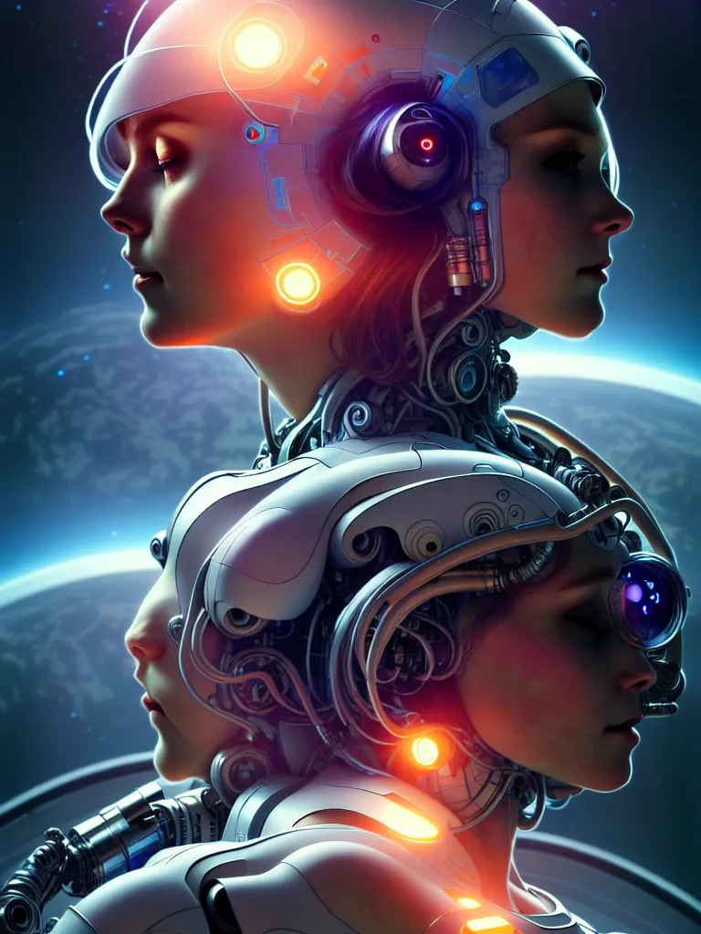 Image similar to ultra realistic, beautiful female cyborg in a space capsule, sci-fi, cyberpunk, concept art, intricate details, eerie, highly detailed, octane render, 8k, art by artgerm and alphonse mucha and moebius