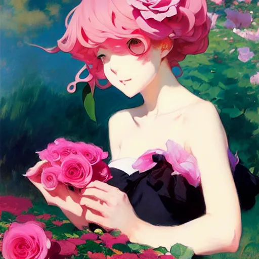 Image similar to beautiful rose anime pink - hair girl in elegent black dress, laying on roses, krenz cushart, mucha, ghibli, by joaquin sorolla rhads leyendecker, by ohara koson