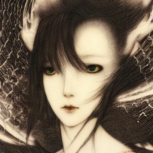 Image similar to yoshitaka amano blurred and dreamy realistic illustration of a japanese woman with black eyes, wavy white hair fluttering in the wind wearing elden ring armor with engraving, abstract patterns in the background, noisy film grain effect, highly detailed, renaissance oil painting, weird portrait angle, blurred lost edges, three quarter view