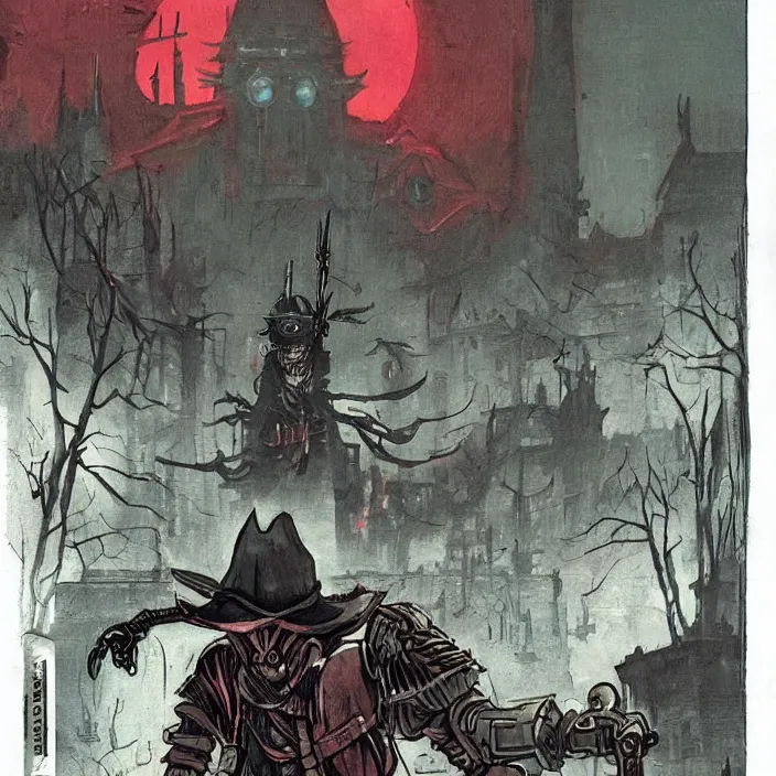 Prompt: a hunter from bloodborne vs robot in yharnam, style by retrofuturism, faded red and yelow, by malcolm smith, old comics in city, nicholas roerich, katinka reinke