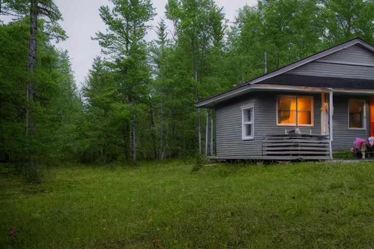 Image similar to a solitary 1 9 6 0 s bungalow style cottage near raven lake, on the outskirts of halifax, ns. hd photography, realistic, inspired by gregory crewdson.