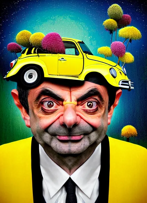 Image similar to hyper detailed 3d render like a Oil painting muted colors - slightly silly portrait of Rowan Atkinson cross eyed as Mr. Bean atop his yellow beetle in Aurora seen tickling of the Strangling network of yellowcake aerochrome and milky Fruit and Her delicate Hands hold of gossamer polyp blossoms bring iridescent fungal flowers whose spores black the foolish stars by Jacek Yerka, Mariusz Lewandowski, Houdini algorithmic generative render, Abstract brush strokes, Masterpiece, Edward Hopper and James Gilleard, Zdzislaw Beksinski, Nicoletta Ceccoli, Wolfgang Lettl, hints of Yayoi Kasuma, octane render, 8k