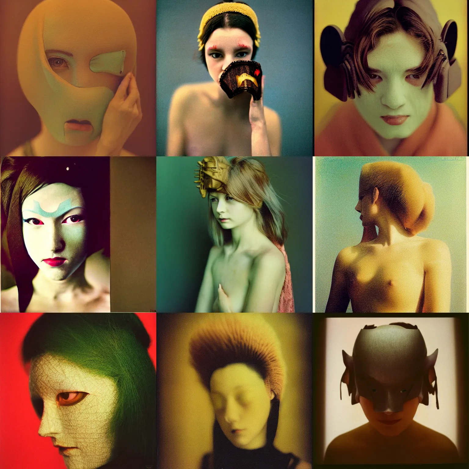 Prompt: kodak portra, 8 k, soft light, clean lines, fine art portrait photography, woman wearing oni mask, fashion photography, maxfield parrish, moebius, james jean, yoji shinkawa, odilon redon, gaston bussiere, eugene grasset, janis rozentals