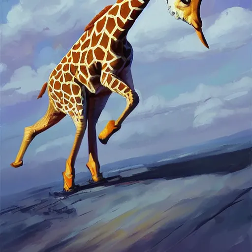 Image similar to a giraffe dressed like an astronaut walking on the moon, trending on artstation, art by greg manchess, guangjian, detailed digital art, artstation hd