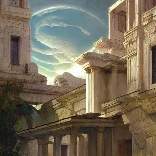 Image similar to STAR TREK house night time architecture designed in ancient Greece, (SFW) safe for work, photo realistic illustration by greg rutkowski, thomas kindkade, alphonse mucha, loish, norman rockwell