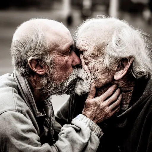 Image similar to portrait beautiful boy kissing dirty homeless old man