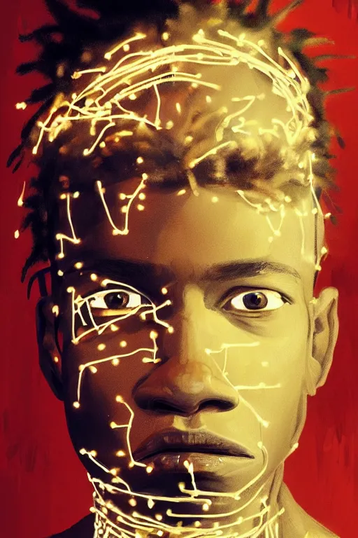 Prompt: portrait of jean basquiat, staring directly into camera, intricate, elegant, glowing lights, highly detailed, digital painting, artstation, sharp focus, illustration, art by wlop, mars ravelo and greg rutkowski