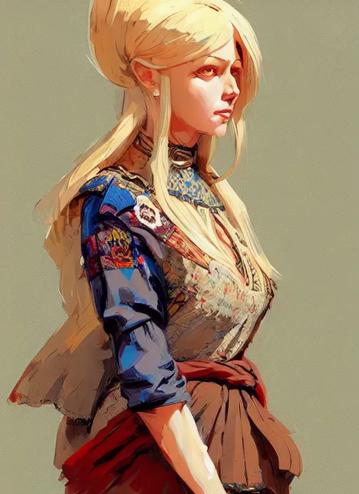 Prompt: a blonde woman wearing medieval tapestry as clothing, by jesper ejsing, ilya kuvshinov, greg rutkowski on artstation