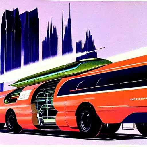 Image similar to concept art for rocket powered bus, painted by syd mead, high quality