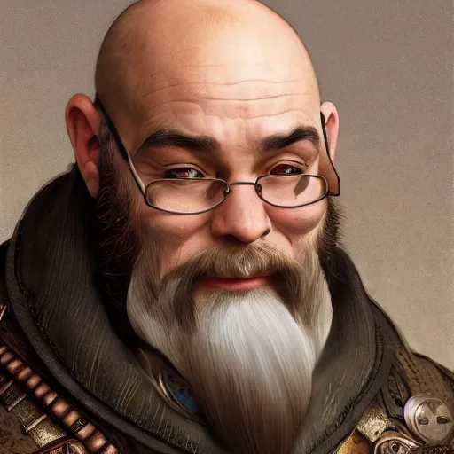 Image similar to Three quarters portrait of a bald male steampunk dwarf with long brown beard, highly detailed, digital painting, art by Stanley Lau and Artgerm and magali villeneuve and Alphonse Mucha, artstation, octane render, cgsociety