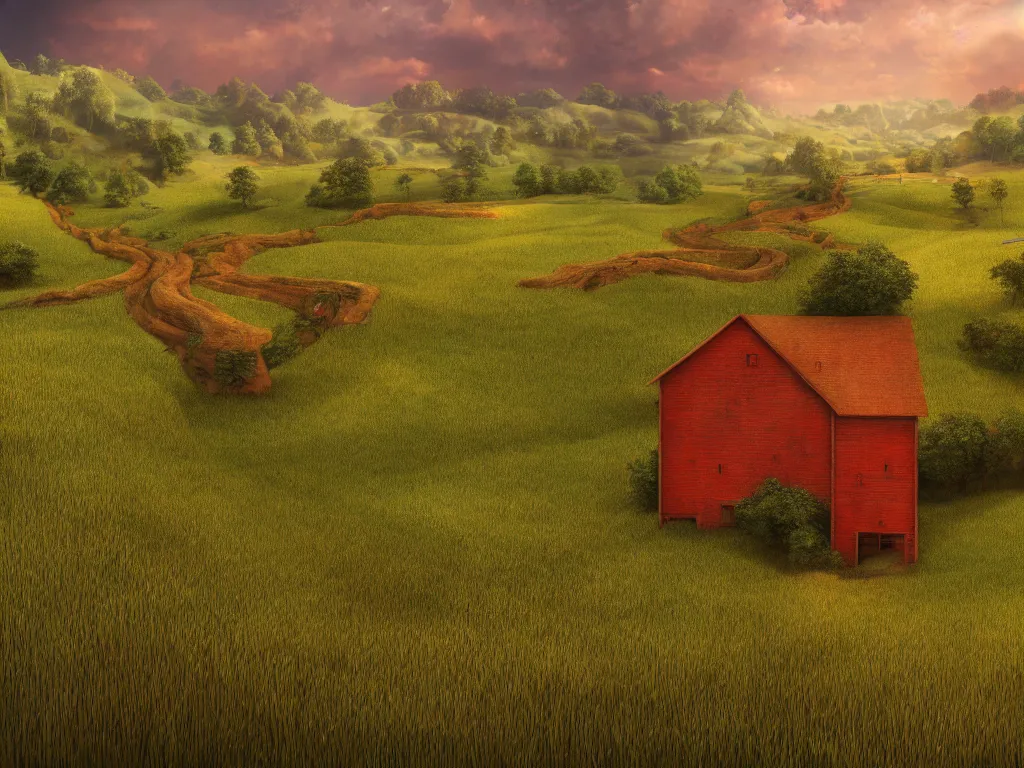 Image similar to Intricate detailed lush ravine with a single isolated red barn next to a wheat crop at noon. Wide angle shot, surreal, dreamlike, Artstation, Thomas Chamberlain-Keen