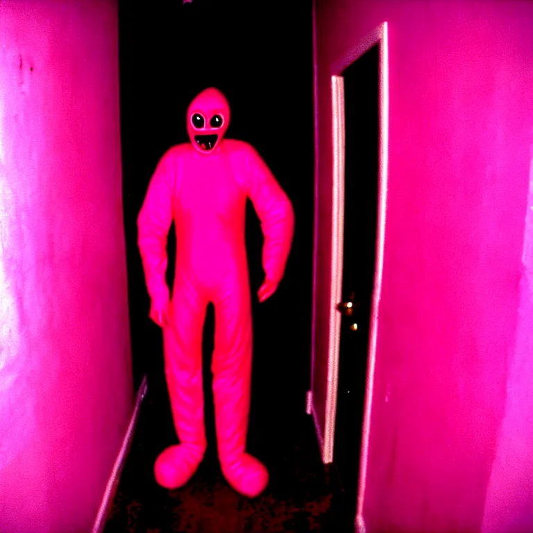 Image similar to a nightmare where a man in a pink morphsuit chases you down a dark hallway, horror, creepy, 3 5 mm, film shot, found footage, scary