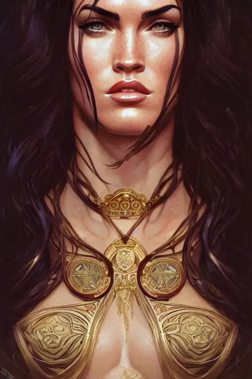 Image similar to portrait of megan fox as the goddess circe, greek mythology, intricate, headshot, highly detailed, digital painting, artstation, concept art, sharp focus, cinematic lighting, illustration, art by artgerm and greg rutkowski, alphonse mucha, cgsociety