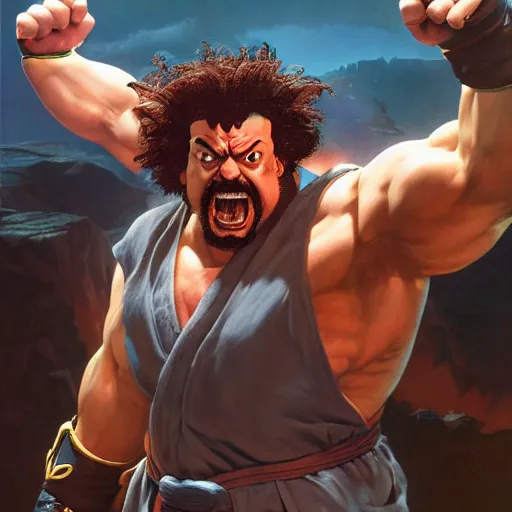 Image similar to danny mcbride as e. honda street fighter, yelling, ultra realistic, concept art, intricate details, highly detailed, photorealistic, octane render, 8 k, unreal engine, art by frank frazetta, simon bisley, brom