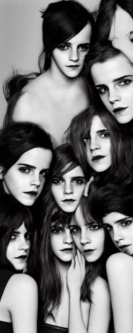 Image similar to Emma Watson and her twin sisters closeup face with pouting lips, shoulders, very long hair hair wearing an oversized Beret, wearing a mandelbrot fractal biomechanical sculpture mask, elegant Vogue fashion shoot by Peter Lindbergh fashion poses detailed professional studio lighting dramatic shadows professional photograph by Cecil Beaton, Lee Miller, Irving Penn, David Bailey, Corinne Day, Patrick Demarchelier, Nick Knight, Herb Ritts, Mario Testino, Tim Walker, Bruce Weber, Edward Steichen, Albert Watson