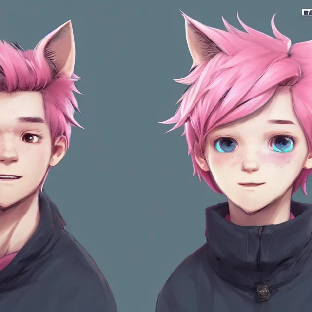 Image similar to character concept art of a cute boy with pink hair and pink wolf ears and freckles | | cute - fine - face, pretty face, key visual, realistic shaded perfect face, fine details by stanley artgerm lau, wlop, rossdraws, james jean, andrei riabovitchev, marc simonetti, and sakimichan, trending on artstation