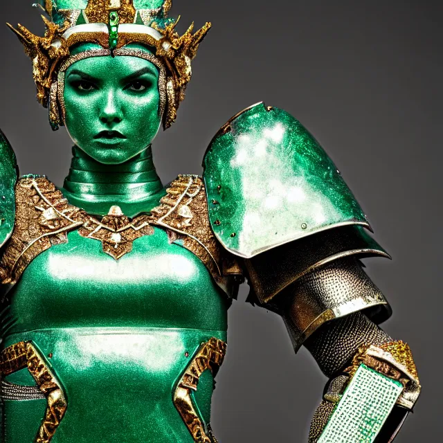 Prompt: full body photo of a beautiful cute strong warrior queen wearing emerald encrusted armour, highly detailed, 8 k, hdr, smooth, sharp focus, high resolution, award - winning photo