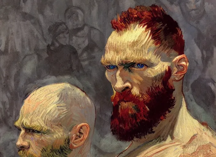 Image similar to a highly detailed beautiful portrait of van gogh as kratos, by gregory manchess, james gurney, james jean