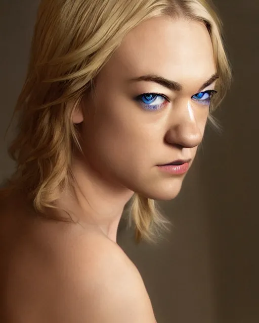 Image similar to yvonne strahovski, full shot, very anime, digital art, ambient lighting, perfect composition, dynamic lighting, detailed face, very extremely detailed blue eyes, smooth shading