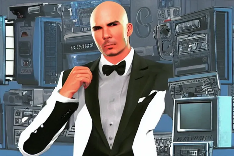 Image similar to pitbull mr. worldwide in a ps 1 game, in 2 0 5 5, y 2 k cybercore,