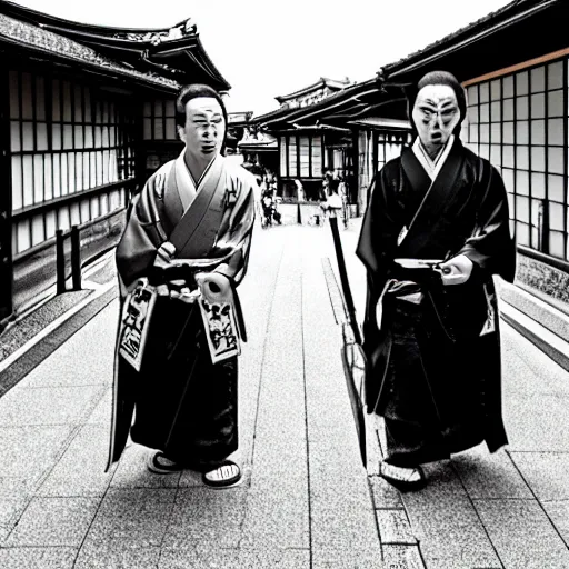 Image similar to a realistic photo of 2 japanese demons walking through kyoto, scary, realistic, high detail,