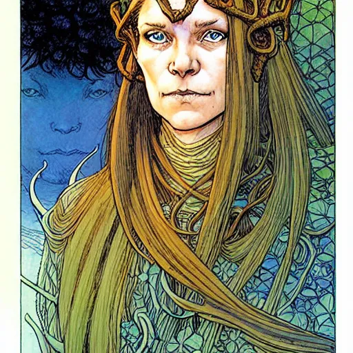 Prompt: a realistic portrait of sanna!!!!! marin!!!!!, the young beautiful female prime minister of finland as a druidic wizard by rebecca guay, michael kaluta, charles vess and jean moebius giraud