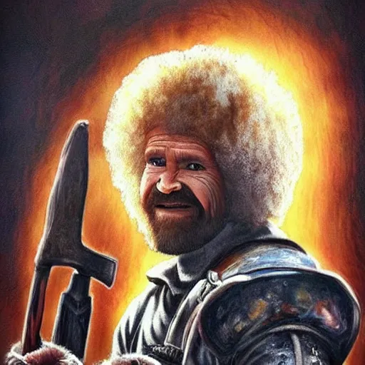 Prompt: bob ross as mad max from road warrior painting realistic