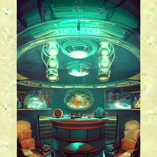 Image similar to beautiful Peter Mohrbach and tyler edlin highly detailed illustration of an underwater art deco lounge. bioshock, rapture, trending on artstation