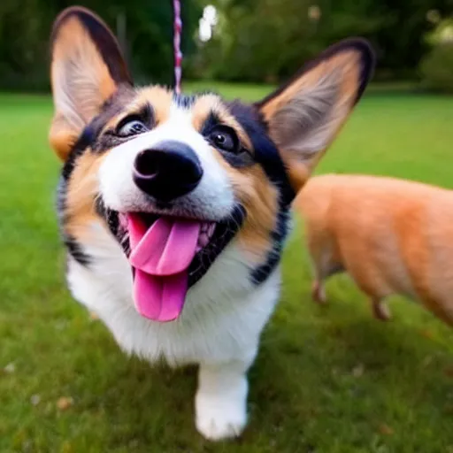 Image similar to people running away screaming scared for their life from a cute derpy corgi with the tongue out