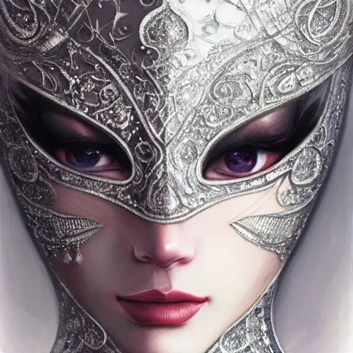 Image similar to a beautiful woman wearing a white niqab made of silver with jewelry and diamonds by karol bak, ayami kojima, arabian eyes, concept art, fantasy