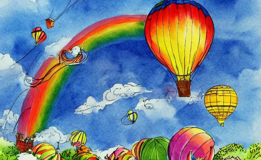 Image similar to hot air balloon flying through the sky, double rainbow, illustration by dr seuss, oh! the places you'll go, watercolor