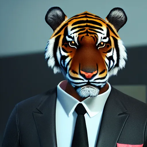 Prompt: portrait of a tiger in a suit, ultra detail, ultra realistic, unreal engine, 8 k